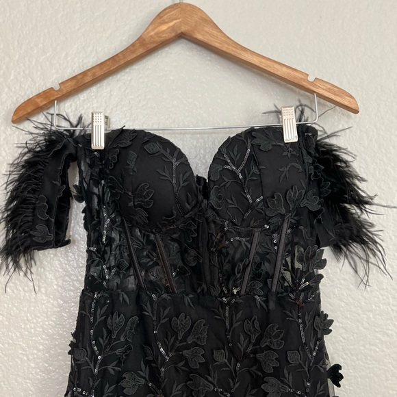 Midnight Sparkle Black Embroidered Feather Bustier Maxi Dress - Picture 4 of 9